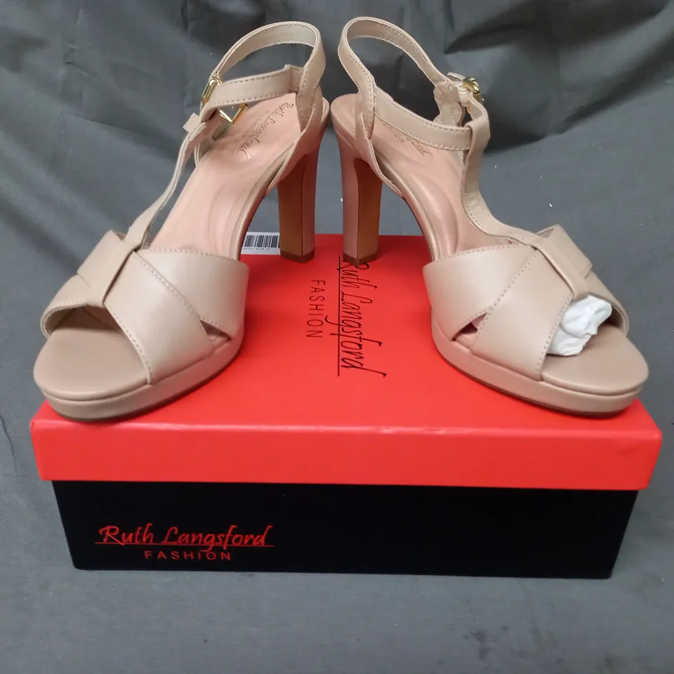 BOXED PAIR OF RUTH LANGSFORD HEELED SANDALS IN ALMOND SIZE 7