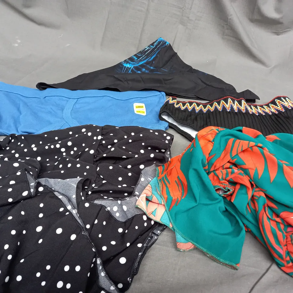 BOX OF APPROXIMATELY 25 ASSORTED CLOTHING ITEMS TO INCLUDE - PANTS , DRESS , BANDANA ETC