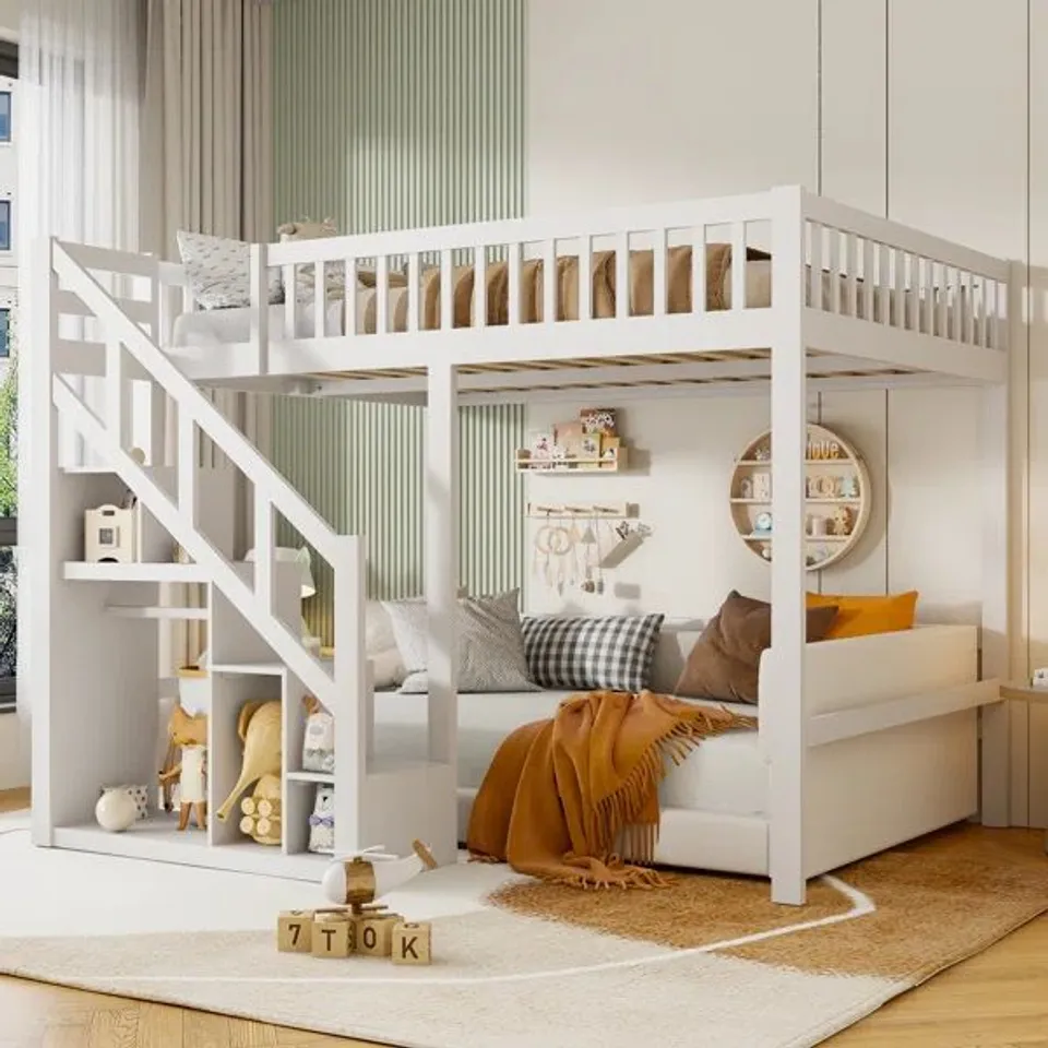 BOXED LOFT BED WITH STAIRS AND STORAGE SPACE - WHITE (3 BOXES)