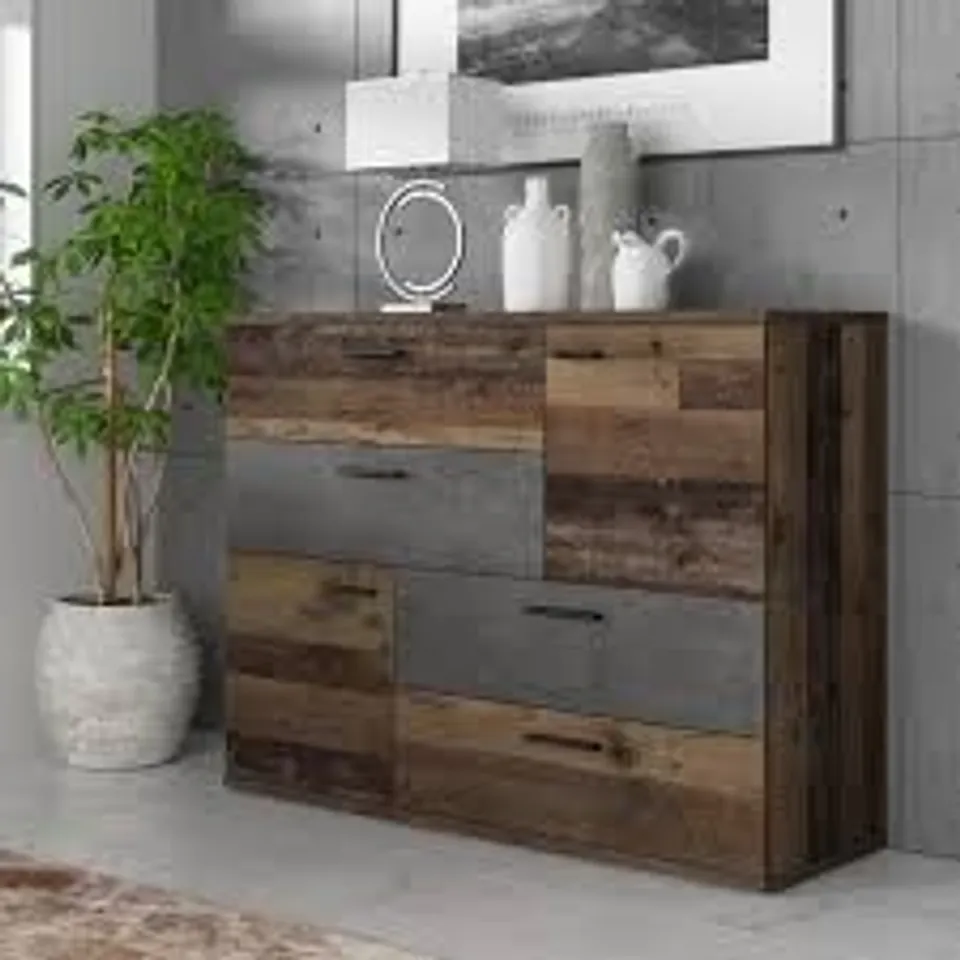 BOXED FORTE REFINED CHEST OF DRAWERS WITH 2 COLOURED FRONT - VINTAGE WOOD (2 BOXES)