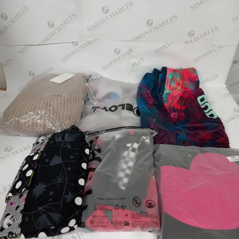 LARGE BOX OF ASSORTED CLOTHING ITEMS IN VARIOUS COLOURS AND SIZES INCLUDING TROUSERS , TOPS AND JUMPERS