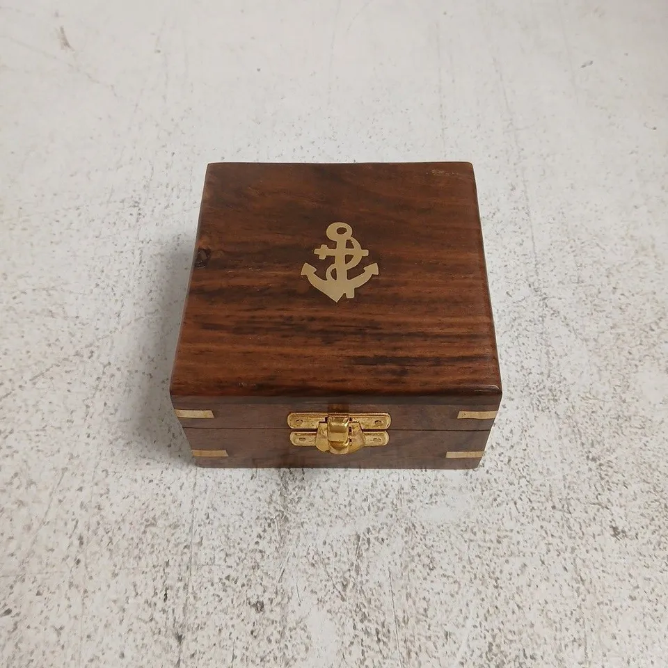 MARINE NAUTICAL COMPASS IN WOODEN BOX WITH ANCHOR MOTIF