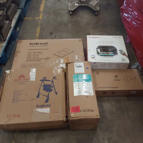 PALLET OF ASSORTED ITEMS INCLUDING: CANON PRINTER, ROLLATOR, UHF WIRELESS MICROPHONE, PUZZLE ACCESSORIES, FALL MAT ECT