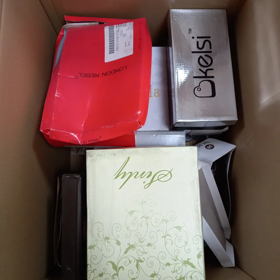 BOX OF APPROXIMATELY 10 ASSORTED PAIRS OF SHOES TO INCLUDE BLACK LOW SHOE, JUNIOR SHELL TOE, RED HIGH HEELS ETC
