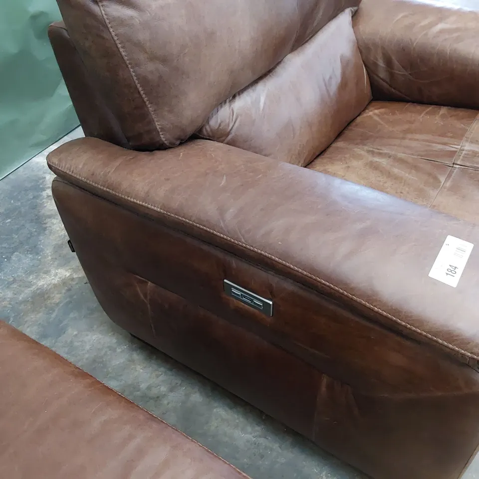 QUALITY ITALIAN DESIGNER LOUNGE SUITE, COMPRISING FIXED THREE SEATER SOFA & POWER RECLINING EASY CHAIR DISTRESSED CHESTNUT LEATHER 