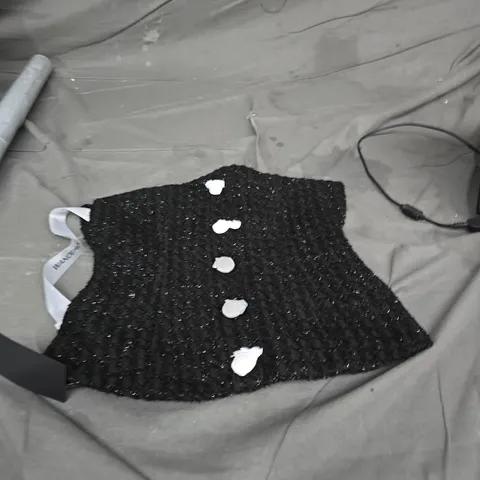WANDERDOLL WOMEN'S BLACK BOUCLÉ CROP TOP XS WITH GOLD ZIP & WHITE BUTTON TRIM