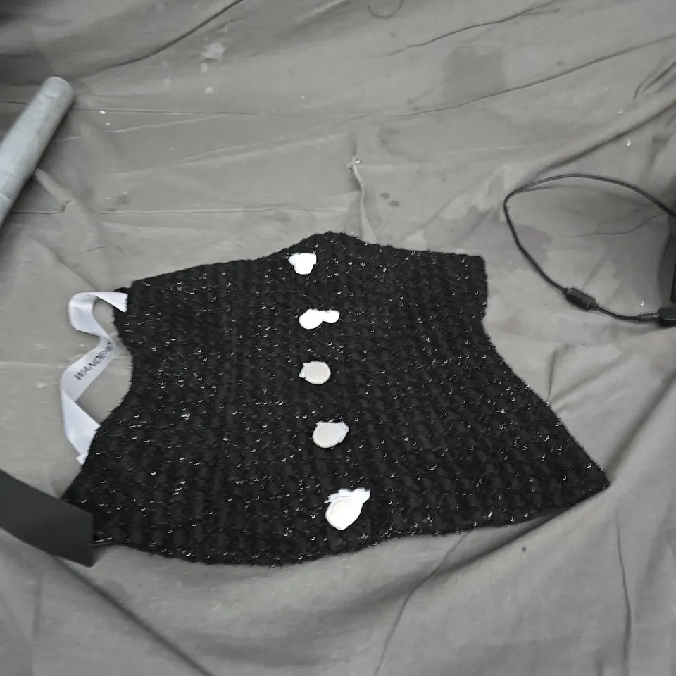 WANDERDOLL WOMEN'S BLACK BOUCLÉ CROP TOP XS WITH GOLD ZIP & WHITE BUTTON TRIM
