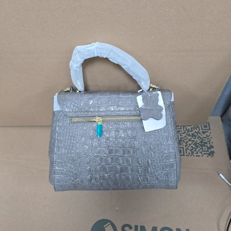 GENUINE LEATHER GREY CROCODILE-EMBOSSED HANDBAG WITH TOP HANDLE  