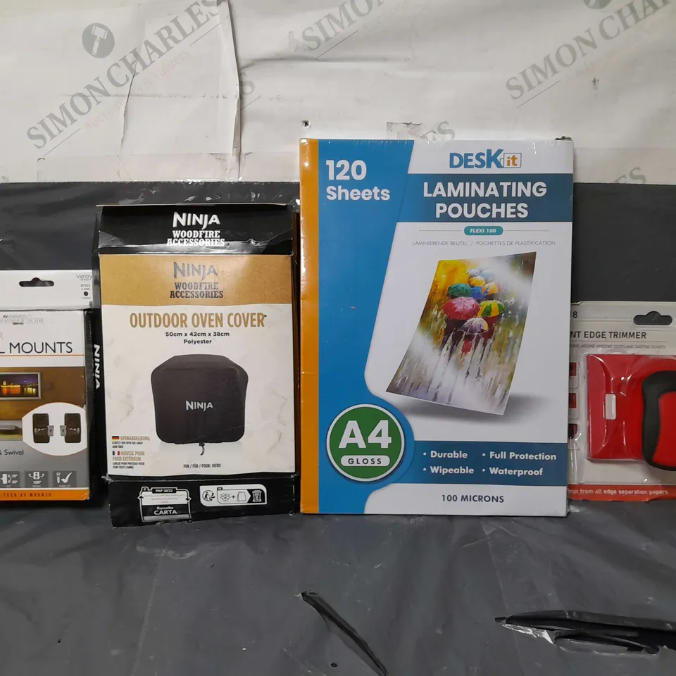 BOX OF APPROXIMATELY 14 ASSORTED ITEMS TO INCLUDE - DESK IT LAMINATING POUCHES , PAINT EDGE TRIMMER , NINJA OUTDOOR OVEN COVER ETC