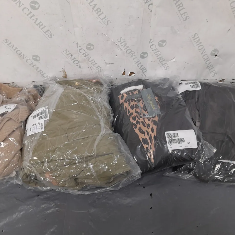 BOX OF APPROXIMATELY 10 ASSORTED BAGGED PIECES OF CLOTHING IN VARIOUS STYLES, SIZES, AND BRANDS 