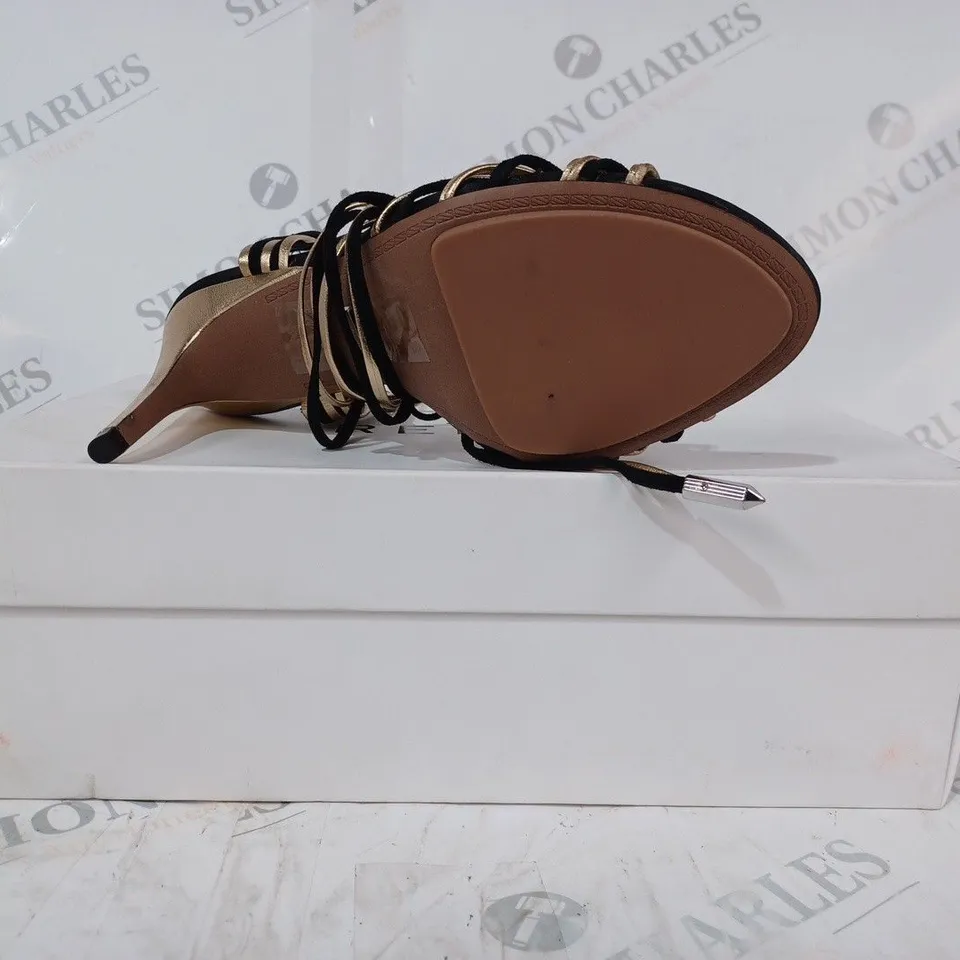 BOXED PAIR OF REISS CASSIDY STRAPPY HEELS IN BLACK/GOLD UK SIZE 4