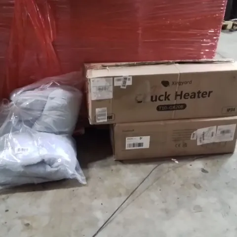 PALLET OF ASSORTED HOUSEHOLD GOODS AND PRODUCTS TO INCLUDE;CHUCK HEATER,PLAYPEN,PET BED