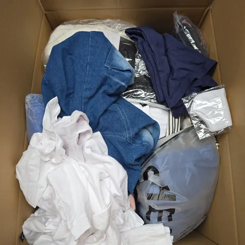 LARGE BOX OF APPROXIMATELY 20 ASSORTED CLOTHING ITEMS IN VARIOUS SIZES, STYLES AND COLOUR