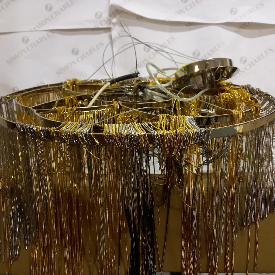 ANDAL 5 LIGHT E14 BRIGHT NICKEL ADJUSTABLE CHANDELIER WITH DELICATELY HAND DRESSED WITH THOUSANDS OF FINE BLACK & GOLD CHAINS