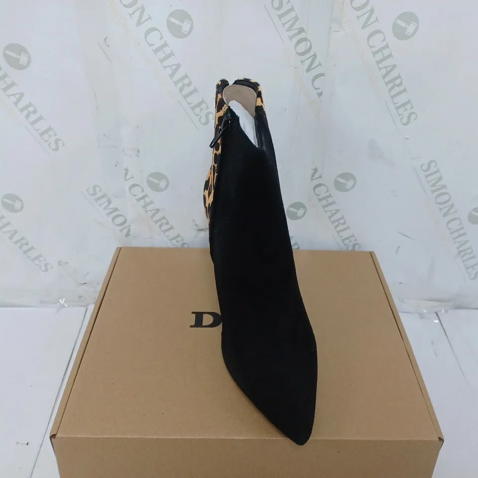BOXED PAIR OF DUNE HEELED BOOTS IN LEOPARD SIZE 7 
