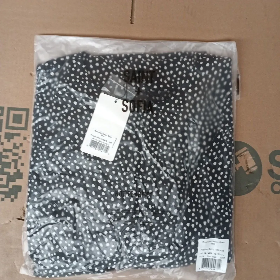 BAGGED SAINT + SOFIA GREENWICH DRESS IN BLACK W. WHITE SPOTS SIZE UK 14