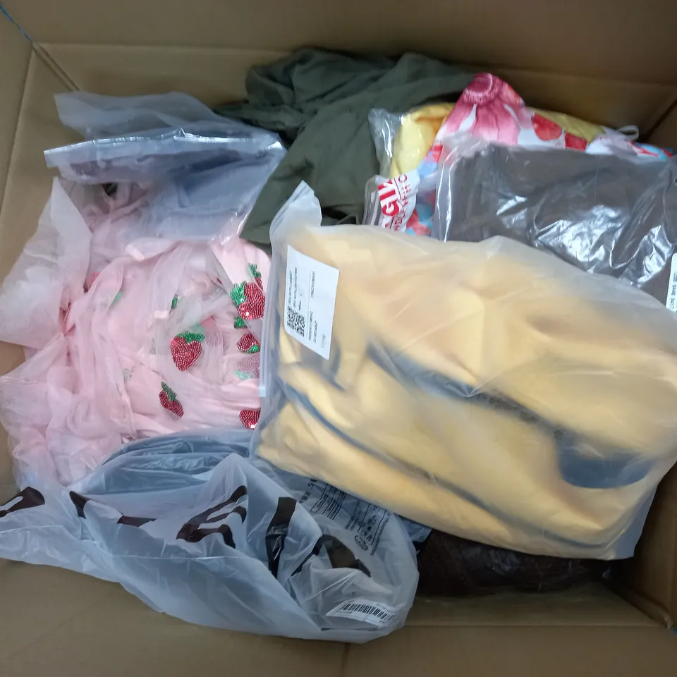 LARGE BOX OF ASSORTED CLOTHING ITEMS IN VARIOUS COLOURS AND SIZES INCLUDING TROUSERS , TOPS AND JUMPERS 