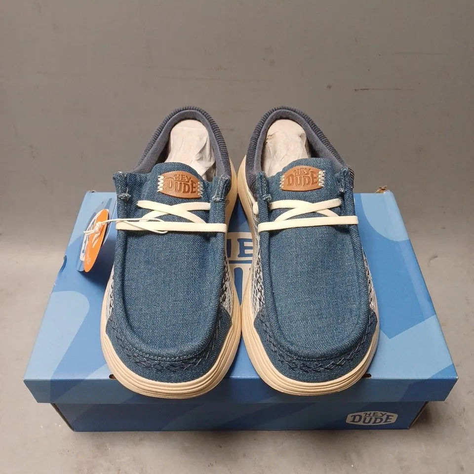 BOXED PAIR OF HEY DUDE WENDY PATCHWORK SHOES - UK SIZE 5