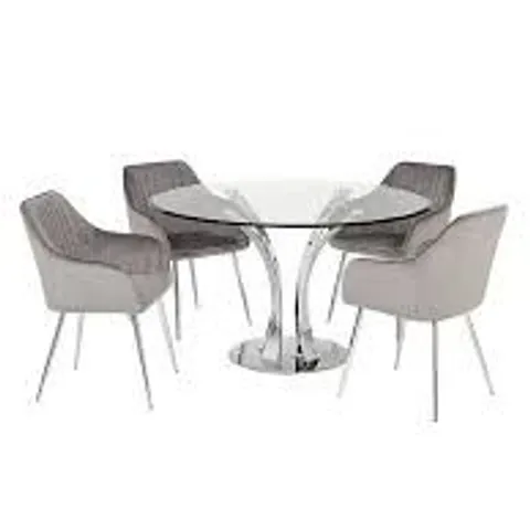 BOXED ALICE 130cm GLASS TOP DINING TABLE + 4 ALISHA CHAIRS - CHROME/GREY (3 BOXES)