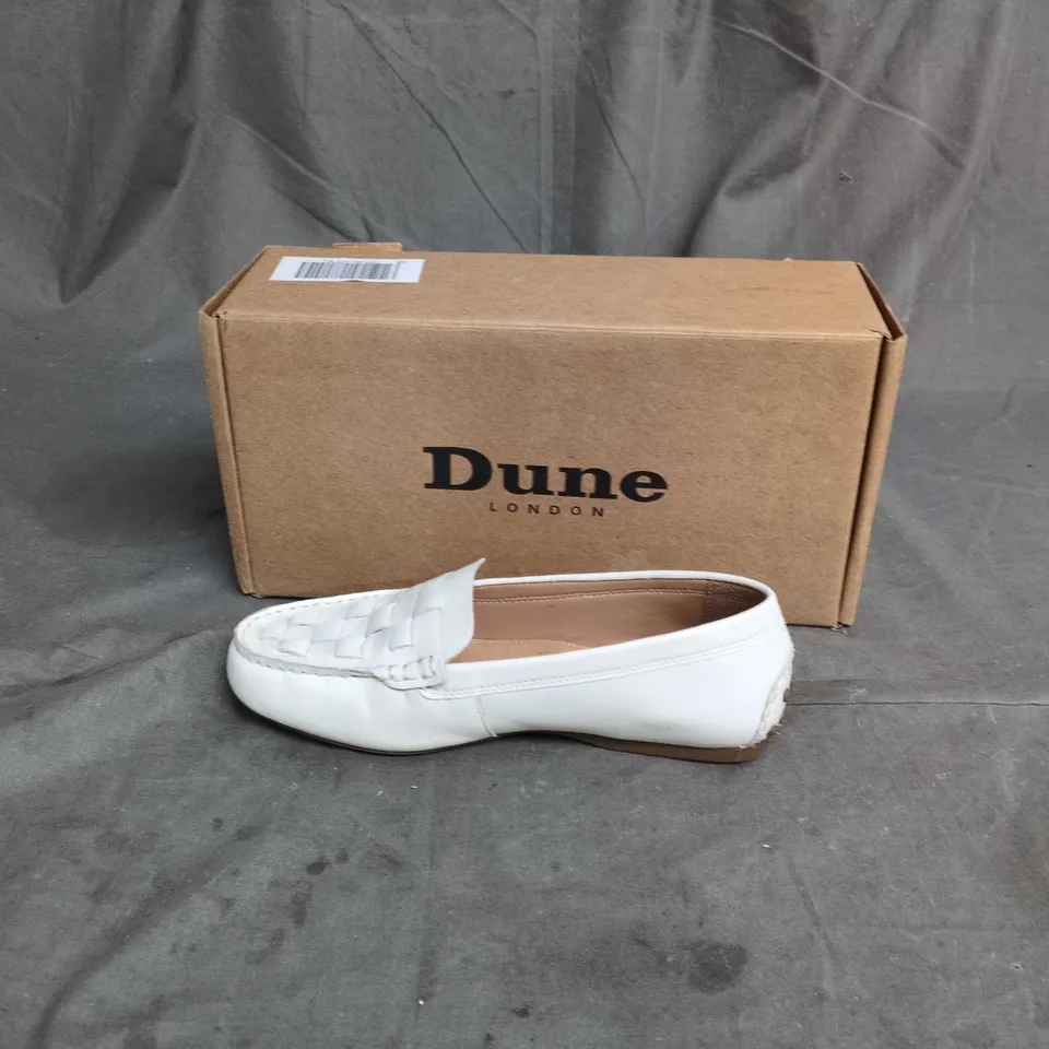 DUNE LONDON WHITE LEATHER LOAFERS, WOVEN FRONT – UK 3 (EU 36)