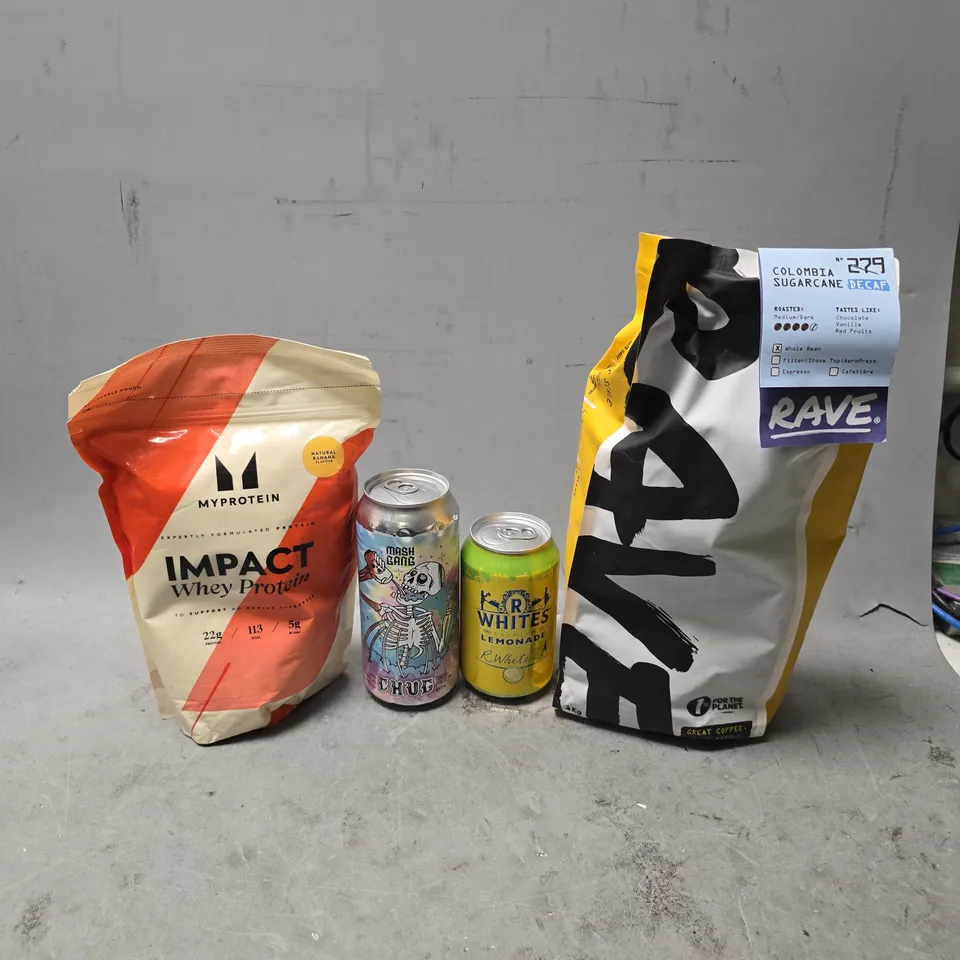APPROXIMATELY 8 ASSORTED FOOD & DRINK ITEMS TO INCLUDE - MY PROTEIN IMPACT WHEY PROTEIN NATURAL BANANA , WHITES LEMONADE ETC