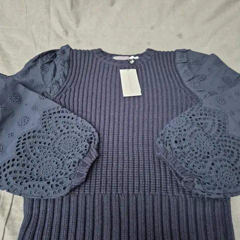 MINT VELVET NAVY WOVEN SLEEVE JUMPER - SIZE SMALL