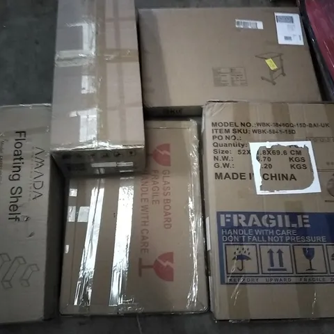 PALLET OF ASSORTED ITEMS INCLUDING AMADA FLOATING SHELF, CHERRY SIDE TABLE, DOEWORKS, BRIAN & DANY STORAGE OTTOMAN, XPOWER AIR CIRCULATOR