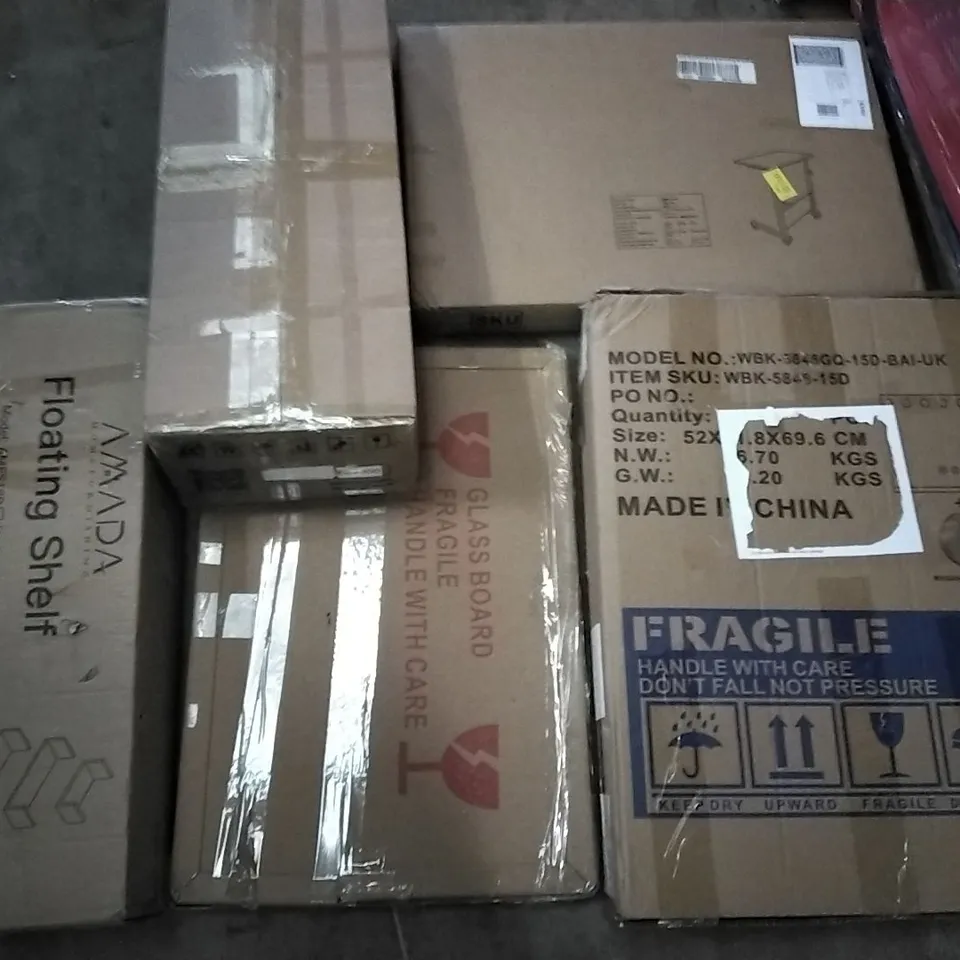 PALLET OF ASSORTED ITEMS INCLUDING AMADA FLOATING SHELF, CHERRY SIDE TABLE, DOEWORKS, BRIAN & DANY STORAGE OTTOMAN, XPOWER AIR CIRCULATOR 
