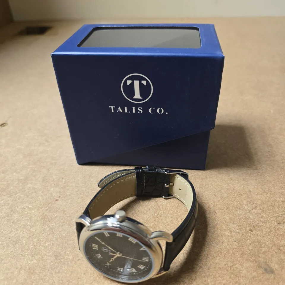 TALIS CO. WRISTWATCH – BLACK DIAL BLACK LEATHER STRAP, SILVER CASE
