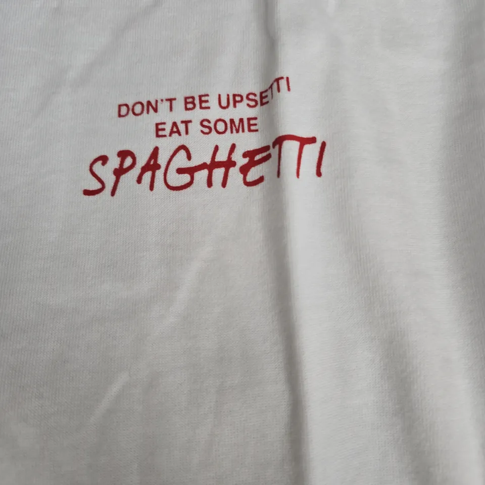 JUXX WHITE COTTON T-SHIRT WITH SPAGHETTI GRAPHIC, SIZE M