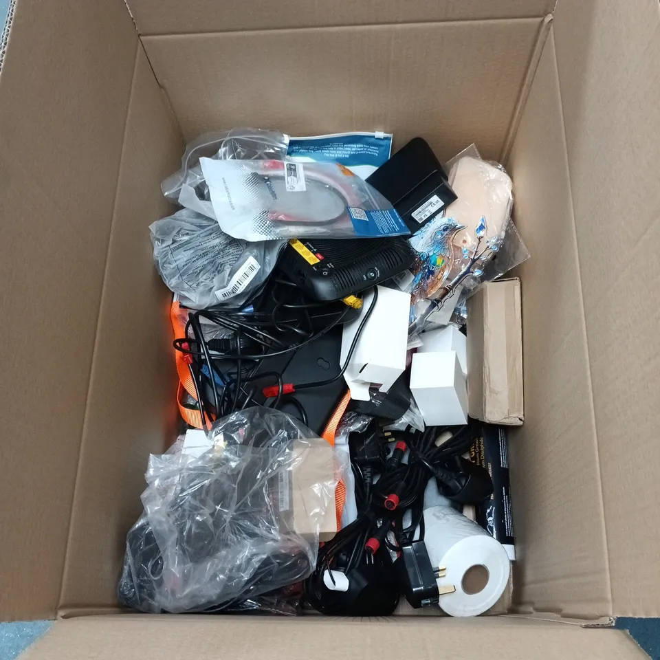 BOX OF APPROXIMATELY 35 ASSORTED HOUSEHOLD ITEMS INCLUDING FARADAY POUCH, BT WIRELESS HUB AND 20M BLACK TWIN SATELLITE COAXIAL CABLE