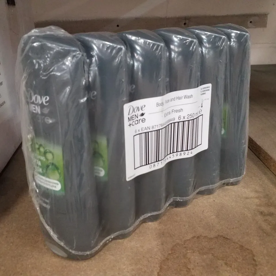LOT OF 6 BOTTLES OF DOVE MEN +CARE BODY, FACE & HAIR WASH 250ML