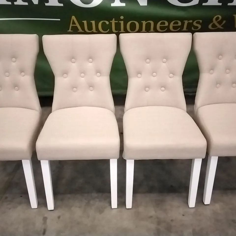 SET OF 4 BEIGE FABRIC BUTTONBACK DINING CHAIRS WITH WHITE WOODEN LEGS