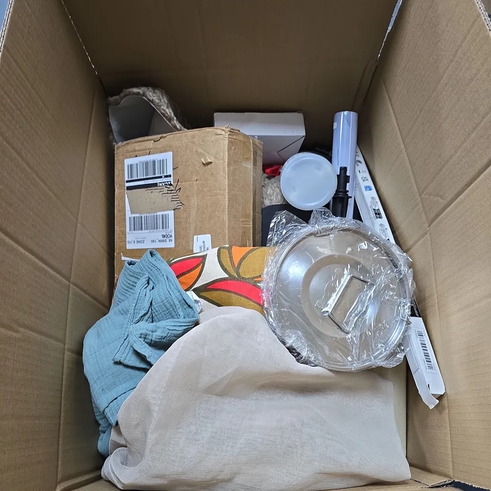 BOX OF APPROXIMATELY 20 ASSORTED HOUSEHOLD ITEMS INCLUDING SPRAY BOTTLE , STAINLESS STEEL POT AND FLOW THROUGH VALVE