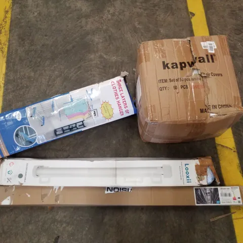 PALLET CONTAINING ASSORTED PRODUCTS INCLUDING WHITE CHAIR COVERS, 3 LAYER CLOTHES HANGER, RETRACTABLE SAFETY GATE & LED BATTEN LIGHT