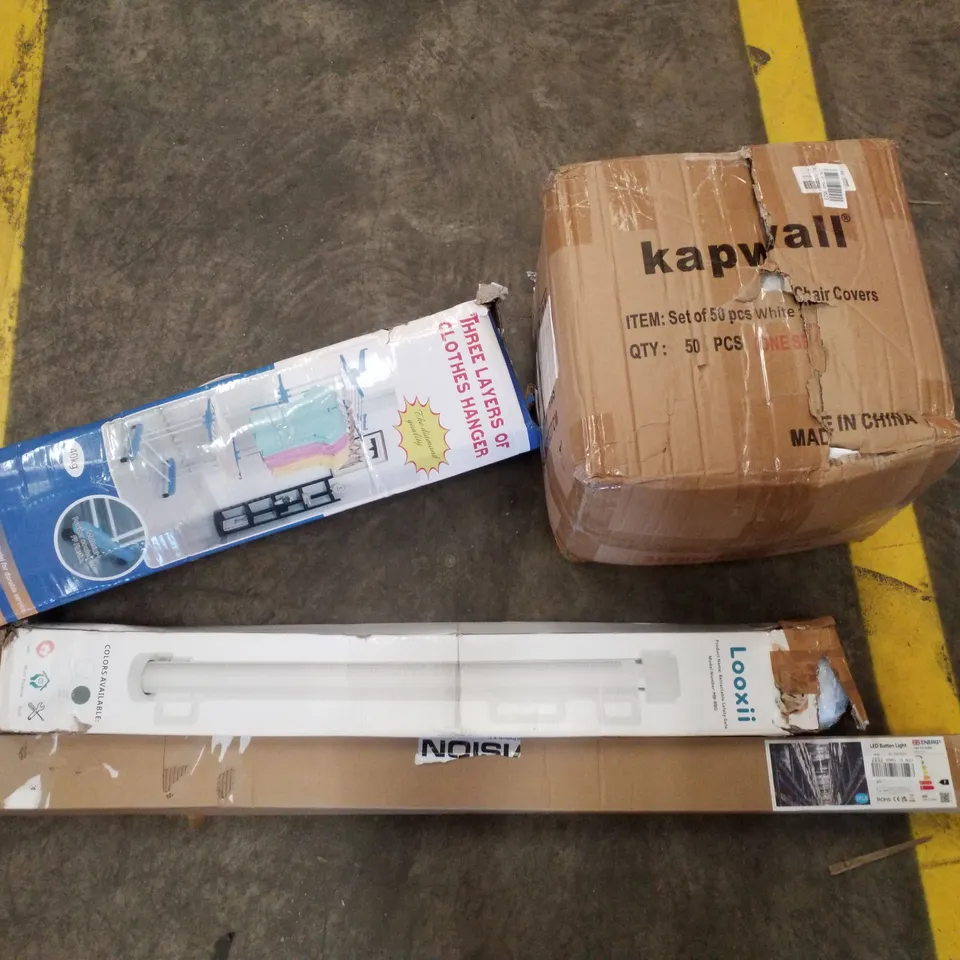 PALLET CONTAINING ASSORTED PRODUCTS INCLUDING WHITE CHAIR COVERS, 3 LAYER CLOTHES HANGER, RETRACTABLE SAFETY GATE & LED BATTEN LIGHT