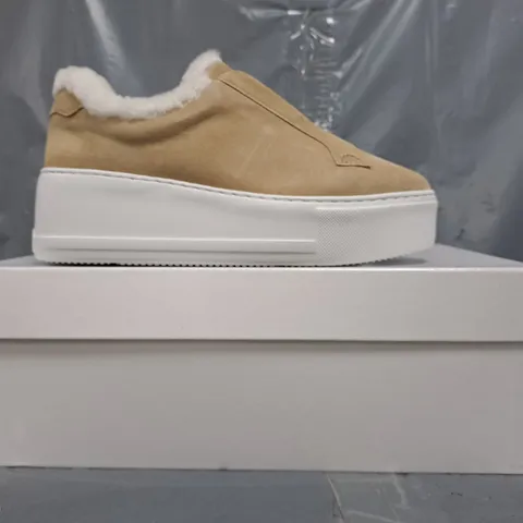 BOXED PAIR OF RUSSELL & BROMLEY SLIP-ON FLATFORM SUEDE SHOES IN CAMEL SIZE EU 37