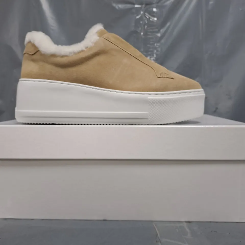 BOXED PAIR OF RUSSELL & BROMLEY SLIP-ON FLATFORM SUEDE SHOES IN CAMEL SIZE EU 37