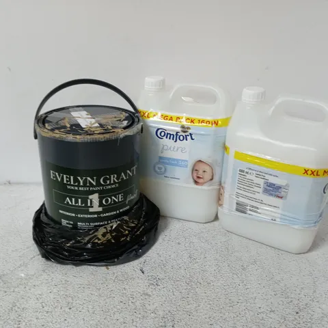 APPROXIMATELY 3 ASSORTED LARGE LIQUIDS TO INCLUDE COMFORT PURE, EVELYN GRANT ALL IN ONE PAINT, ETC