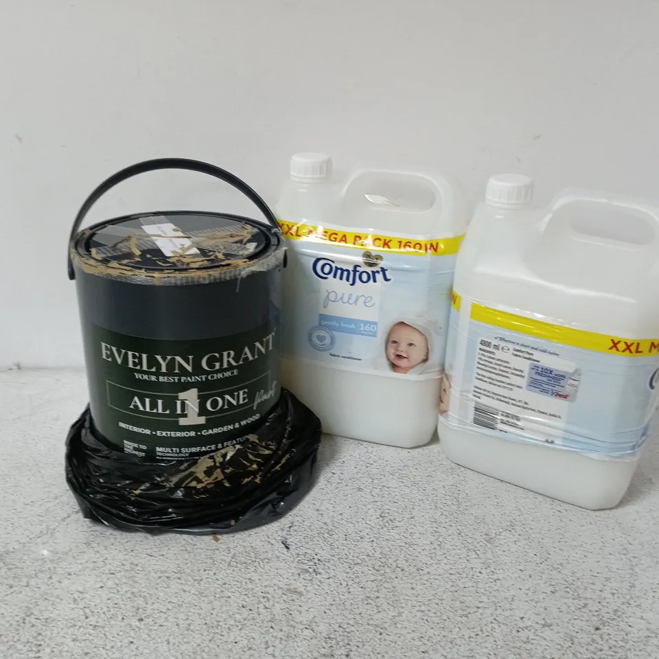 APPROXIMATELY 3 ASSORTED LARGE LIQUIDS TO INCLUDE COMFORT PURE, EVELYN GRANT ALL IN ONE PAINT, ETC
