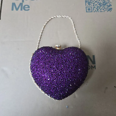 PURPLE HEART-SHAPED CRYSTAL-EMBELLISHED CLUTCH BAG WITH GOLD CHAIN - BOXED