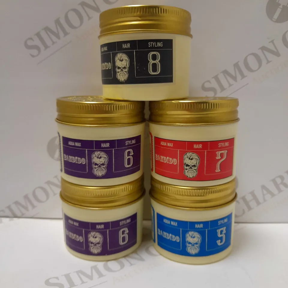 LOT OF 5 ASSORTED BANDIDO AQUA HAIR WAX - (5), 2 X (6), (7), (8)