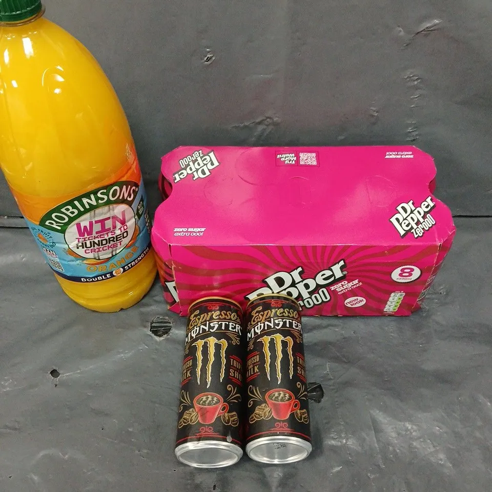 APPROXIMATELY 10 ASSORTED DRINK PRODUCTS TO INCLUDE DR PEPPER, MONSTER ESPRESSO, ROBINSONS FRUIT JUICE ETC 