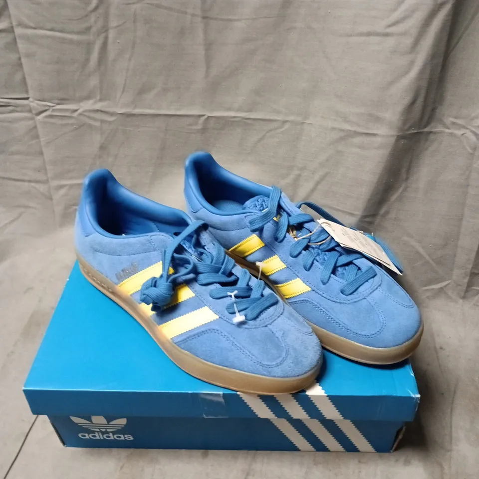 ADIDAS BLUE SUEDE SNEAKERS WITH YELLOW STRIPES – GUM SOLE SIZE 7 BOXED