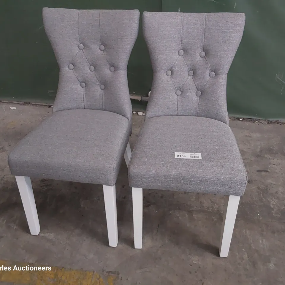 PAIR OF UPHOLSTERED BUTTONED BACK DINING CHAIRS GREY FABRIC ON WHITE PAINTED LEGS 