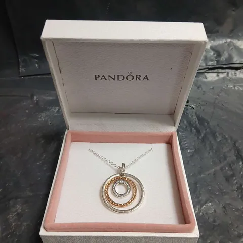 BOXED PANDORA TWO-TONE CIRCLES PENDANT NECKLACE WITH CRYSTALS 