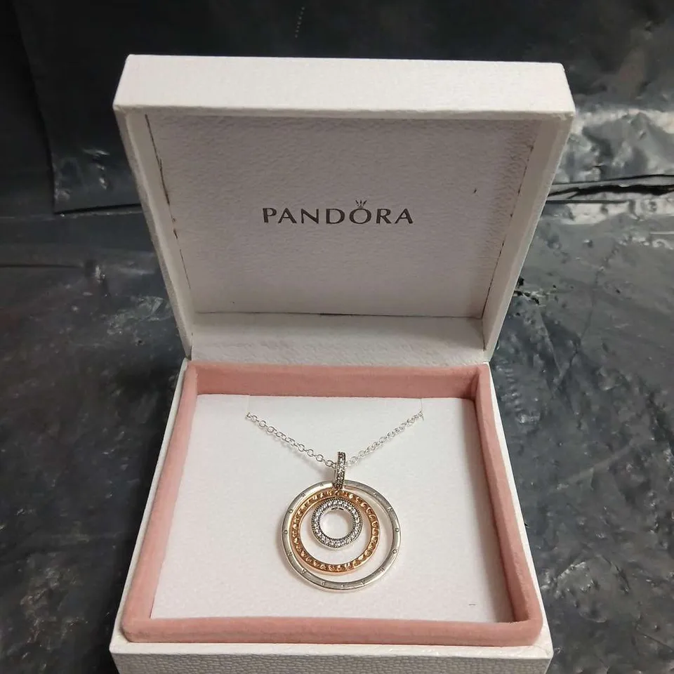 BOXED PANDORA TWO-TONE CIRCLES PENDANT NECKLACE WITH CRYSTALS 