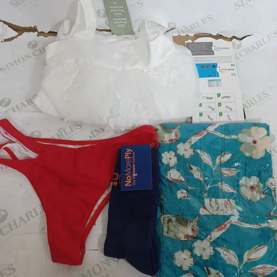 BOX OF APPROXIMATELY 22 ASSORTED CLOTHING ITEMS TO INCLUDE - SOCKS , DRESS , BIKINI PANTS ETC