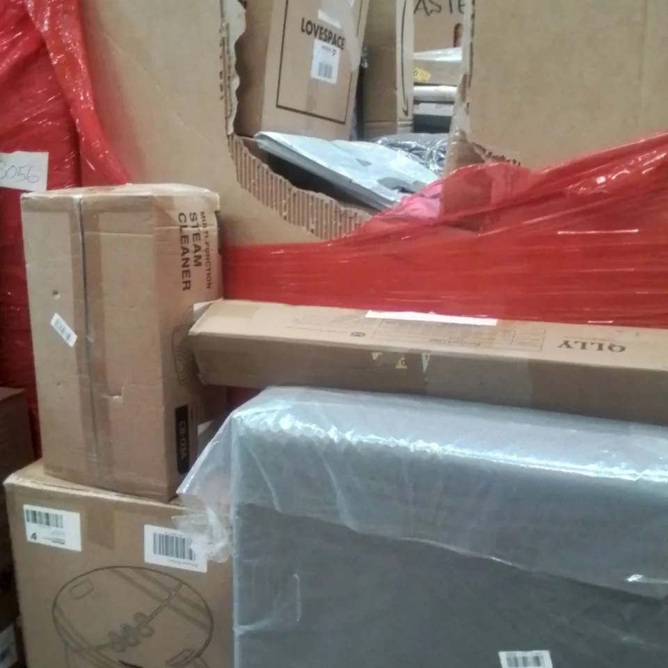 PALLET OF ASSORTED HOUSEHOLD GOODS AND PRODUCTS TO INCLUDE; STEAM CLEANER,SPINNING CHAIR,WALLPAPER