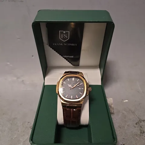 FRANK SCHMIDT WATCH β TEXTURED DIAL WITH DATE β LEATHER STRAP- MODEL: FSL AMBASSADOR β 3ATM WATER RESISTANT β GIFT BOX